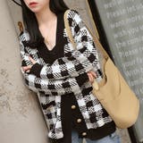 オフホワイト*ブラック | ニットカーディガン レディースチェック柄 | Miniministore