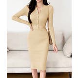 ベージュ | リブニットタイトワンピースウエストベルト | Miniministore