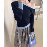 ネイビー | 配色ワンショルダーリブニットトップス長袖 | Miniministore