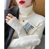 ホワイト | ハイネックニットトップス 長袖ニットソー | Miniministore