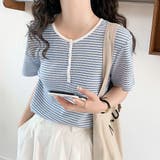 ブルー*ホワイト | ヘンリーネック Tシャツ ボーダー柄半袖 | Miniministore