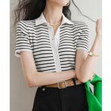 ホワイト | ボーダー柄ニットポロシャツレディース半袖 | Miniministore