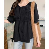 ブラック | 半袖シャツブラウス シャーリングトップス | ANGELCLOSET