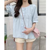 ブルー | 半袖シャツブラウス シャーリングトップス | ANGELCLOSET