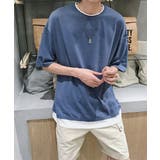 ブルー | レイヤード風tシャツ メンズクルーネック | AsaAura