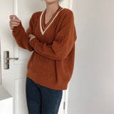 キャメル | ライン入りケーブルニットトップス 韓国風 | Miniministore