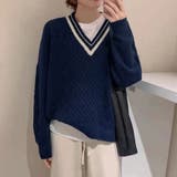 ネイビー | ライン入りケーブルニットトップス 韓国風 | Miniministore