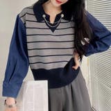 グレー | ポロカラーニットセーター ボーダー 秋冬 | Miniministore