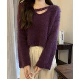 ダークパープル | クロップド丈シャギーニット Vネック長袖 | Miniministore