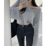 グレー | クロップド丈シャギーニット Vネック長袖 | Miniministore