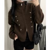 ブラウン | ダブルジップニットカーディガン長袖ニットアウターメタルボタン ゆったり無地トップ… | SUNSHINE CLOSET