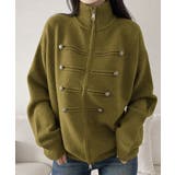 カーキ | ダブルジップニットカーディガン長袖ニットアウターメタルボタン ゆったり無地トップ… | SUNSHINE CLOSET