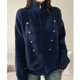ネイビー | ダブルジップニットカーディガン長袖ニットアウターメタルボタン ゆったり無地トップ… | SUNSHINE CLOSET