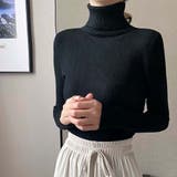 ブラック | リブ ニットトップス タートルネック無地 | Miniministore