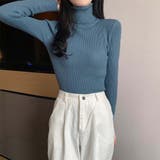 スモーキーブルー | リブ ニットトップス タートルネック無地 | Miniministore