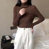ブラウン | リブ ニットトップス タートルネック無地 | Miniministore