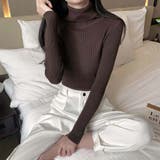 ダークブラウン | リブ ニットトップス タートルネック無地 | Miniministore