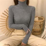 グレー | リブ ニットトップス タートルネック無地 | Miniministore
