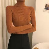 オレンジキャメル | リブ ニットトップス タートルネック無地 | Miniministore