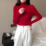 レッド | リブ ニットトップス タートルネック無地 | Miniministore