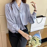 ブルー | ボウタイ ブラウス レディース Vネック | Miniministore