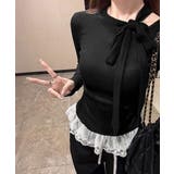 ブラック | リボンネックニット 裾レースカットソー秋 | Miniministore
