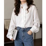 ホワイト | ストライプシャツ前立てフリルブラウス長袖 | Miniministore