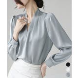 サテン風シャツブラウス Vネックトップス | Miniministore | 詳細画像1 