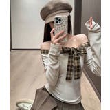 オフショルダー長袖Tシャツチェックリボン | Miniministore | 詳細画像14 