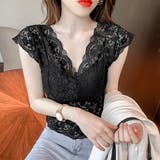 ブラック | 花柄 総レース トップス Vネック 透け感 | Miniministore