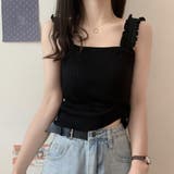 ブラック | リブニット トップス スクエアネック | Miniministore