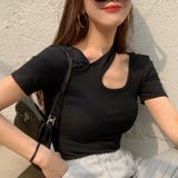 ブラック | カットソー 肩スリットセクシーTシャツ | Miniministore