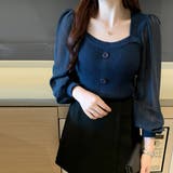ネイビー | シャツブラウス 袖切り替え ニットソー | Miniministore