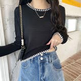 ブラック | ワッフル編みニットトップスバイカラー | Miniministore