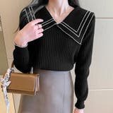 ブラック | リブニットトップス 長袖 襟付きニット | Miniministore