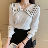 ホワイト | リブニットトップス 長袖 襟付きニット | Miniministore