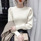 ベージュ | リブニットトップス 袖口ボタン 着やせ | Miniministore