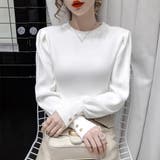 ホワイト | リブニットトップス 袖口ボタン 着やせ | Miniministore