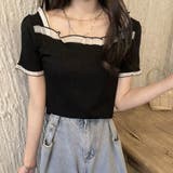 ブラック | スクエアネック サマーニット レース付き | Miniministore