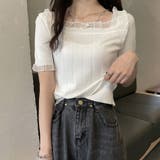 ホワイト | スクエアネック サマーニット レース付き | Miniministore