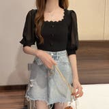 ブラック | ニットブラウス 異素材切り替え 韓国風 オフィスカジュアル | Miniministore