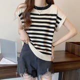 ベージュ | フレンチスリーブサマーニット ボーダー柄 | Miniministore