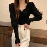 ブラック | レース切り替え ニットトップス 韓国風 オフィスカジュアル | Miniministore