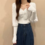 ホワイト | レース切り替え ニットトップス 韓国風 オフィスカジュアル | Miniministore