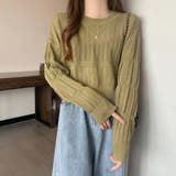 カーキ | 透かし編み 長袖ニットトップス 韓国風 | Miniministore