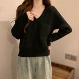 ブラック | Vネックニットトップス 胸ポケット韓国風 | Miniministore