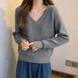 グレー | Vネックニットトップス 胸ポケット韓国風 | Miniministore