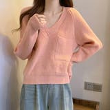 ピンク | Vネックニットトップス 胸ポケット韓国風 | Miniministore