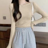 ベージュ | リブニットトップスレディースクルーネック | Miniministore