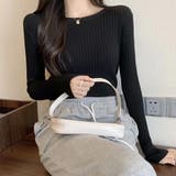 ブラック | リブニットトップスレディースクルーネック | Miniministore